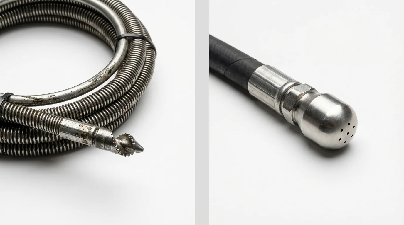 Drain snake cable and hydro jetting nozzle used for drain cleaning in Columbia City, IN