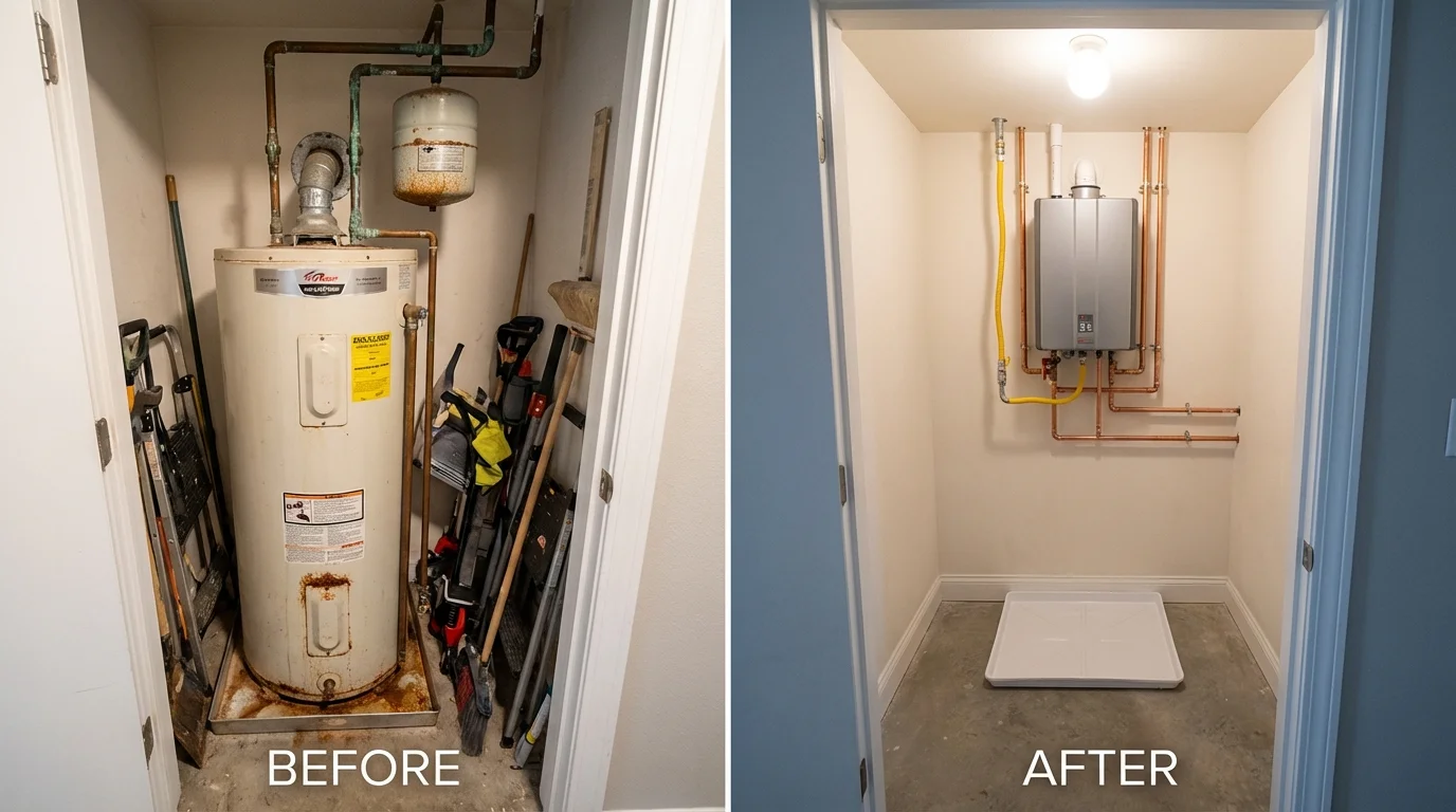 Tank water heater versus wall-mounted tankless unit comparison for Columbia City, IN homeowners