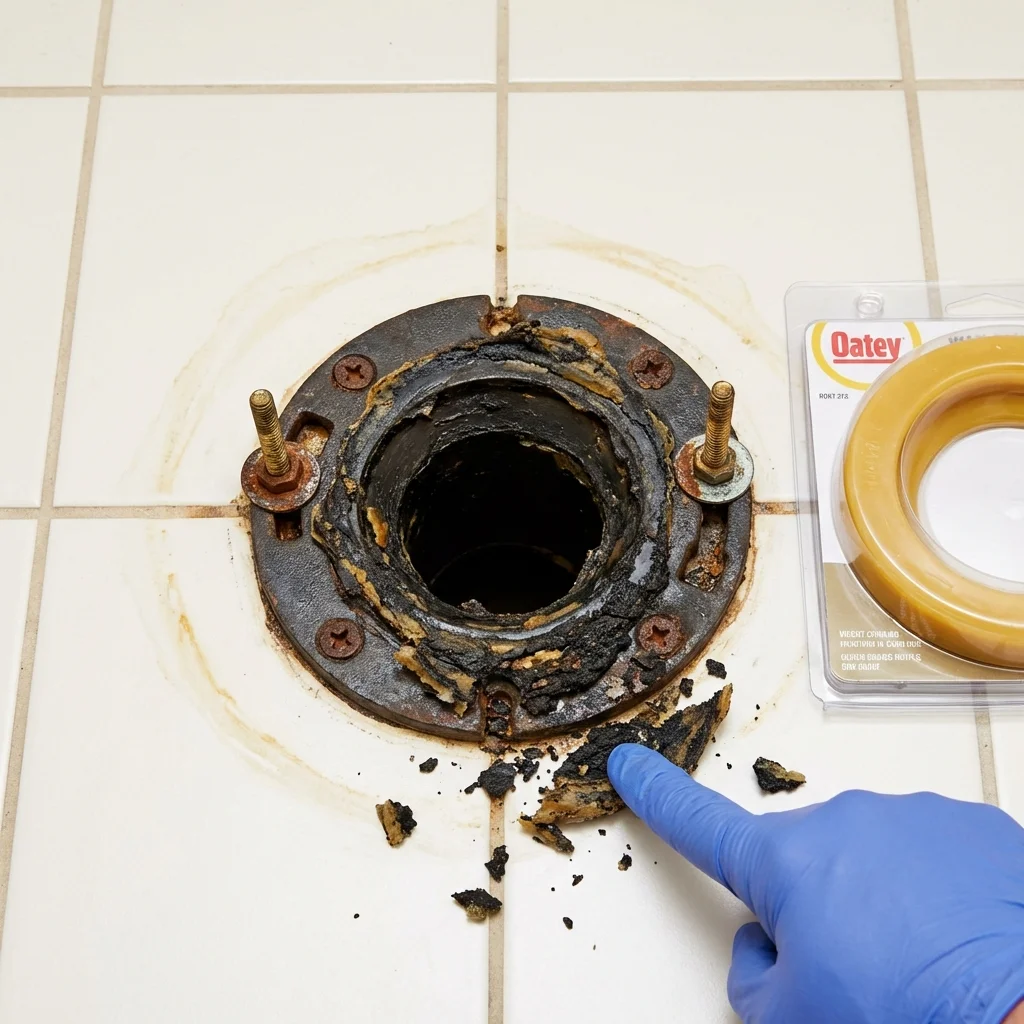 Failed wax ring showing water seepage at the base of a toilet in a Columbia City, IN home