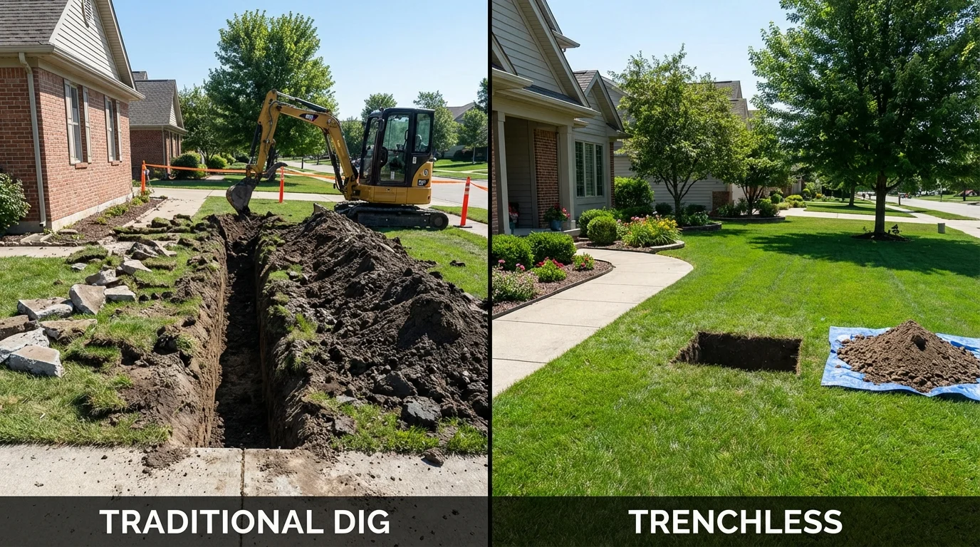 Trenchless sewer repair with minimal yard damage versus traditional excavation in Columbia City, IN