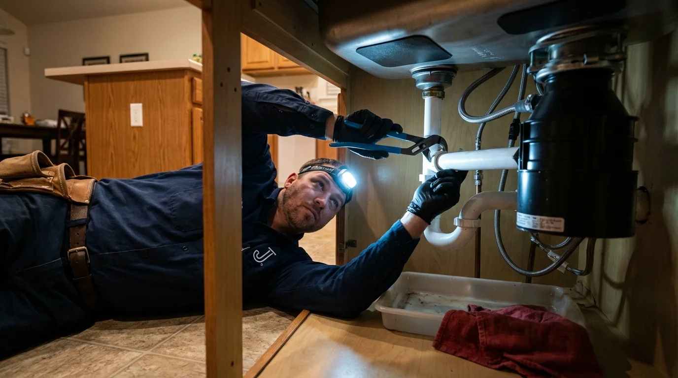 P-trap and supply line connections under a kitchen sink showing a common leak point in Columbia City, IN